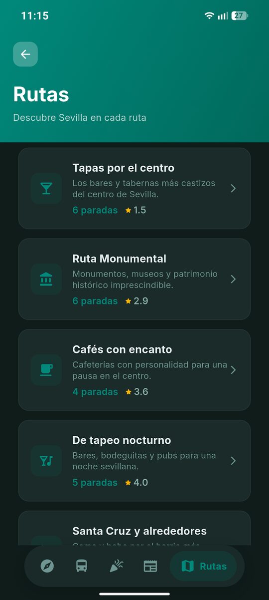 Listado de rutas a pie: tapas por el centro, ruta monumental, cafés con encanto.