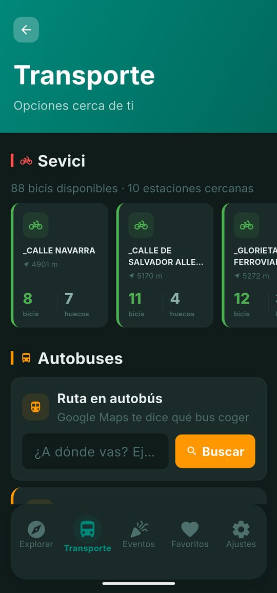 Pantalla de transporte con estaciones de Sevici y buscador de rutas en autobús.